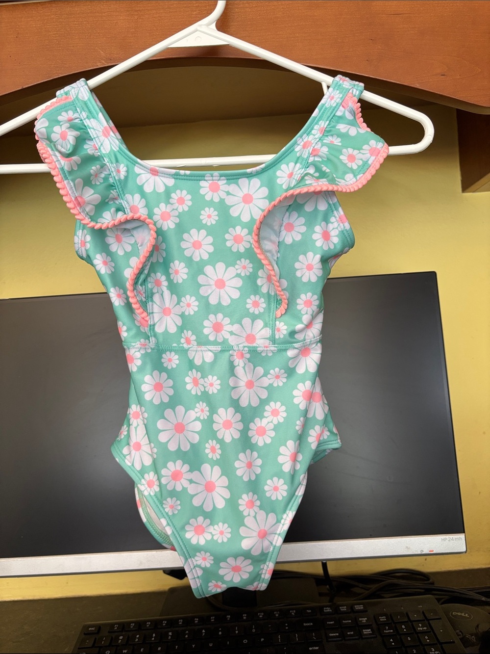 Cat & Jack Mint Green and White Girls Swimsuit with Pink Accent